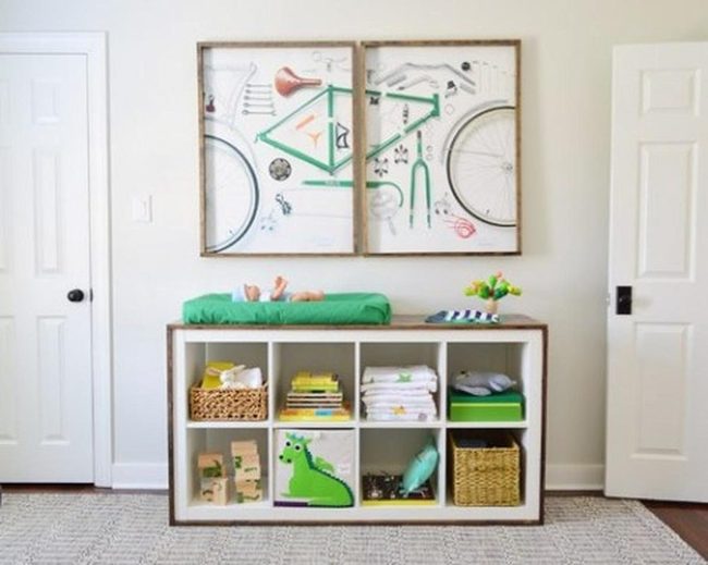 White Walls, Green Accents, Wood Cubbies