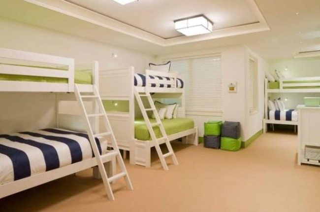 Green And Blue Striped Bunk Beds
