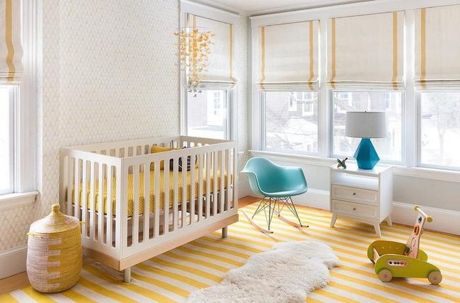 Yellow Striped Nursery With Teal Accent