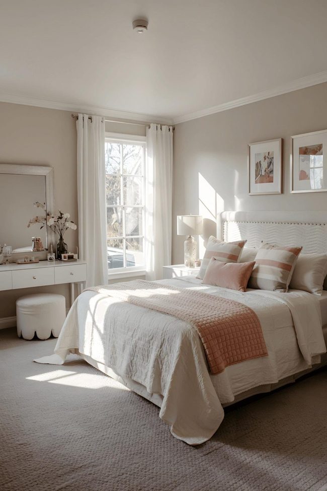 White Wavy Headboard With Warm Pink Accents