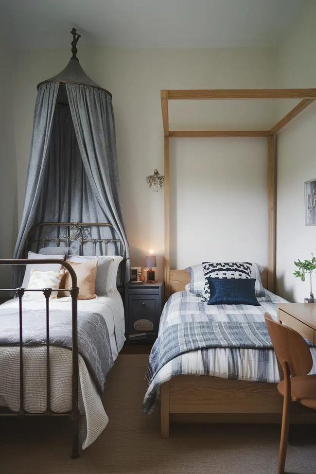 Mismatched Iron And Oak Bed Frames