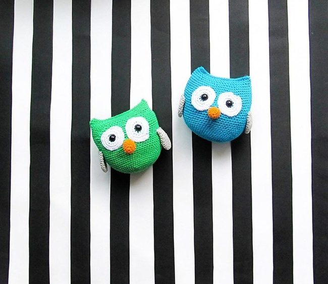 Crocheted Owls On Striped Canvas