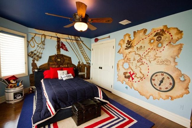 Wooden Ship Bed With Striped Sails