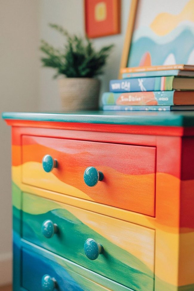 Rainbow Hand-Painted Wooden Dresser