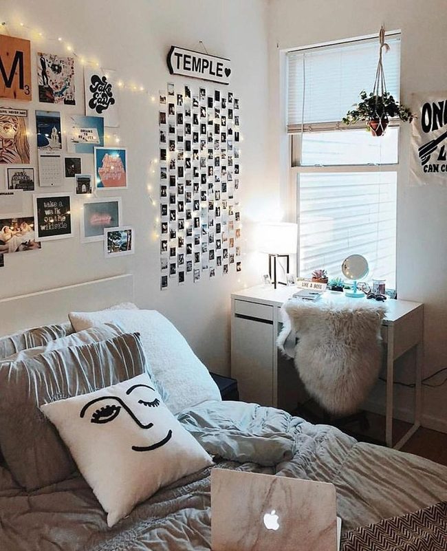 String Lights Over White Bedroom
