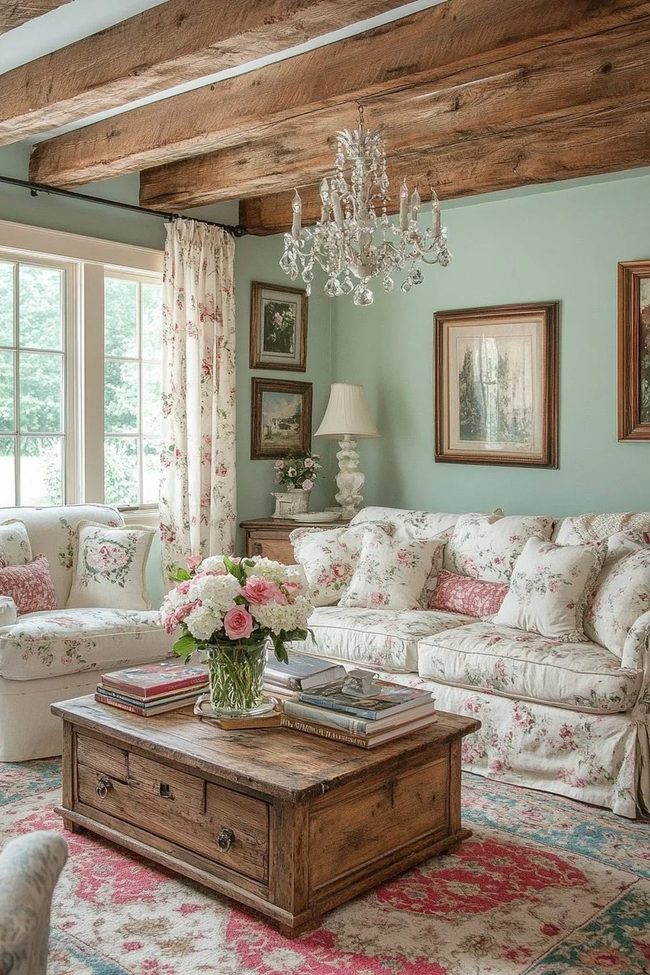 Natural Wood Beams, Floral Sofas