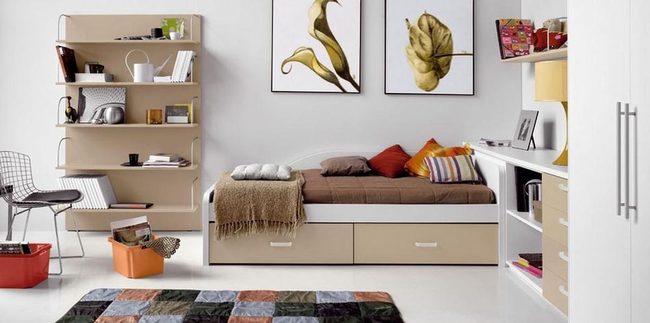 Brown Bedding, White Walls, Storage