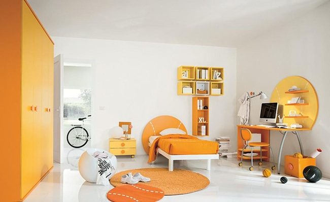 Orange Rug Anchors Modern Bedroom