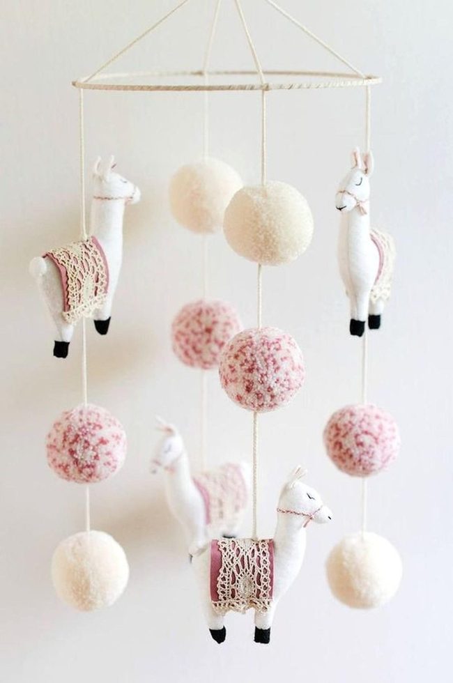 Cream Pink Llama Mobile