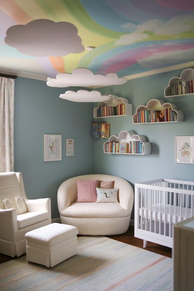 Rainbow Ceiling Nursery with Cloud Shelves