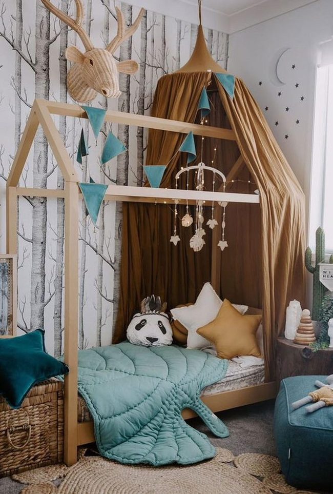 Wooden House Bed With Black Trees