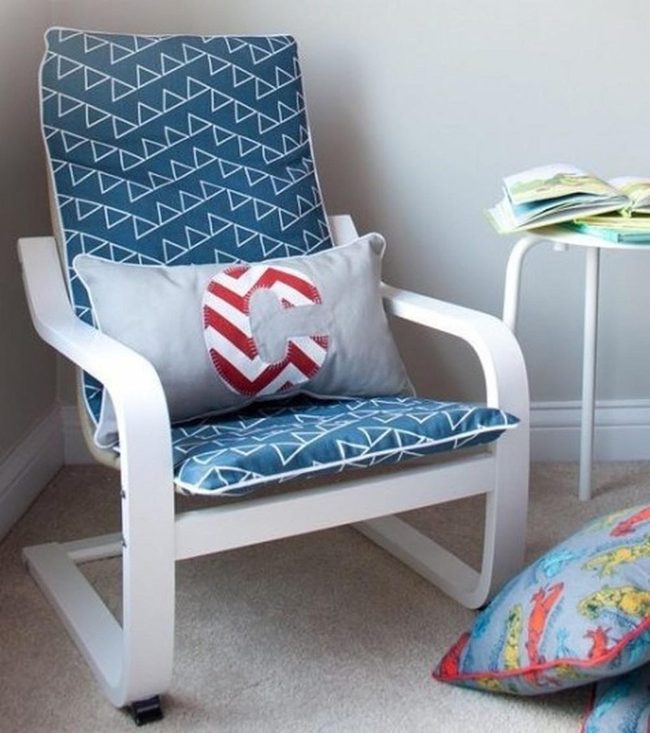 Blue Triangle Cushions, White Wood Seating