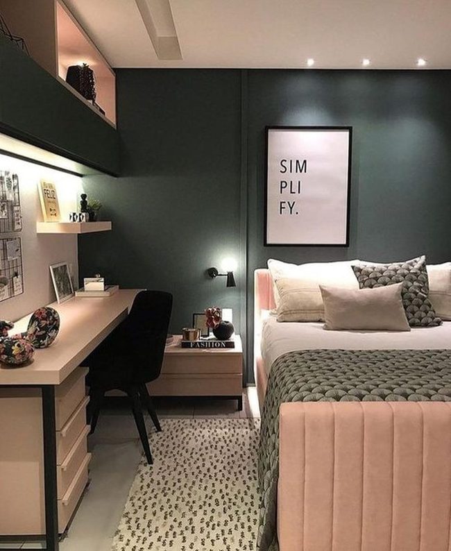 Pink Bed, Dark Green Walls
