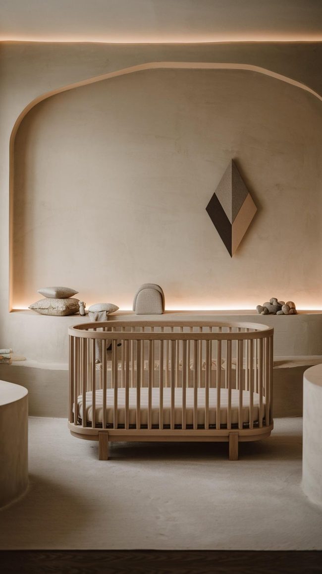 White Crib With Geometric Mobile