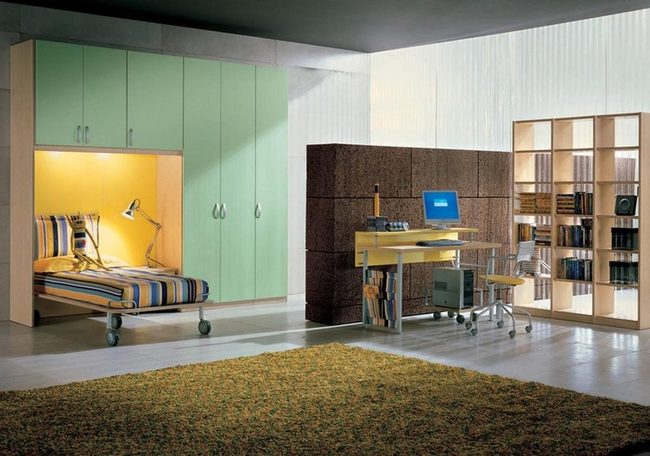 Yellow Bed Nook, Green Cabinets