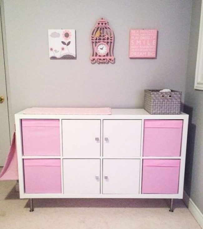 Pink Fabric Bins, Gray Walls