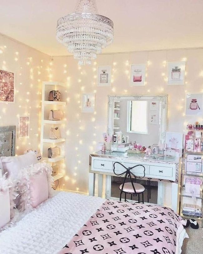 Chandelier-Lit Pink and White Bedroom