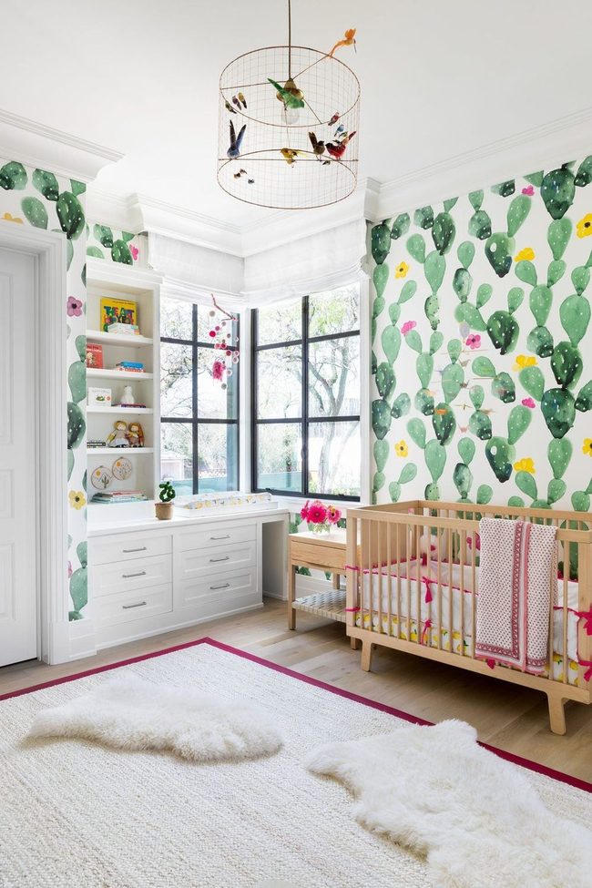 Cacti Wallpaper Nursery With White Molding