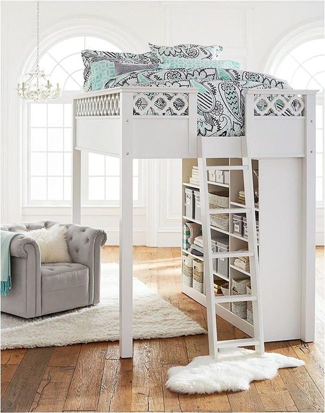 White Loft Bed Two-Zone Room