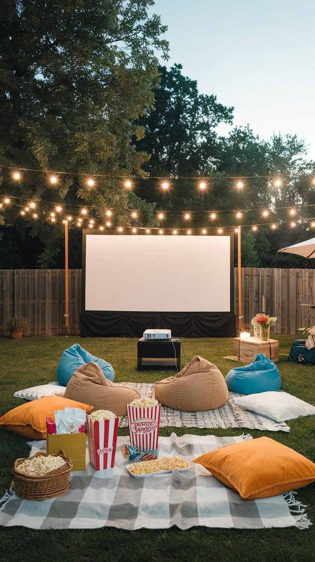 Backyard Movie Screen with String Lights