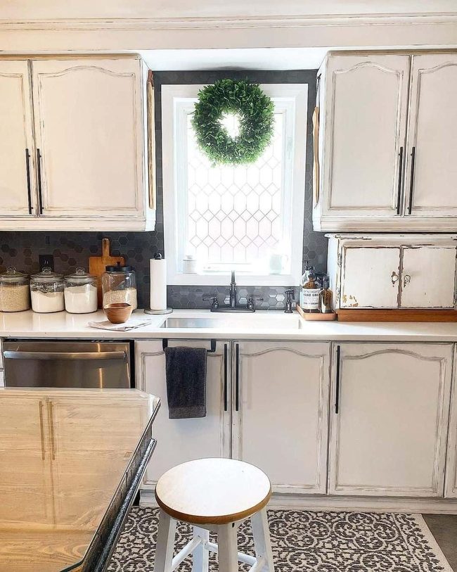 Aged Wood Cabinets, Green Accents