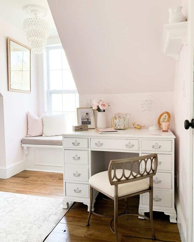 Soft Pink Study With Antique White Desk