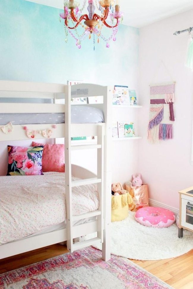 Navy Blue Bunk Room With Floral Pink Accents