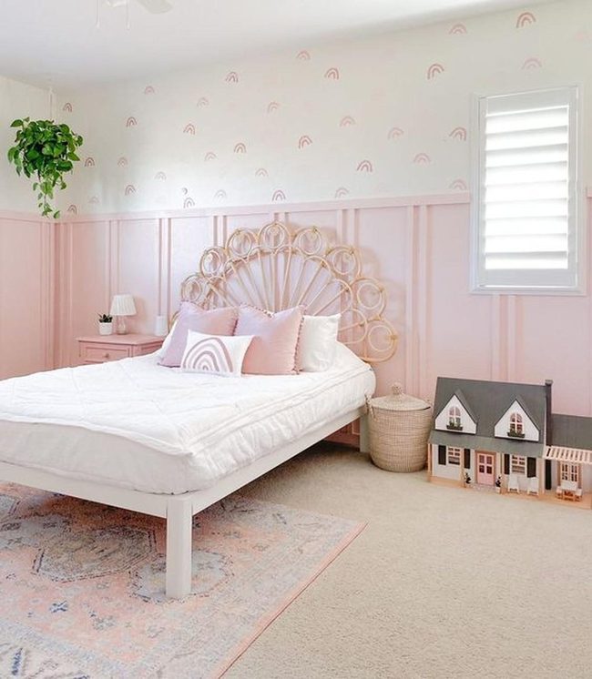 Pale Pink Bedroom With Rattan Headboard