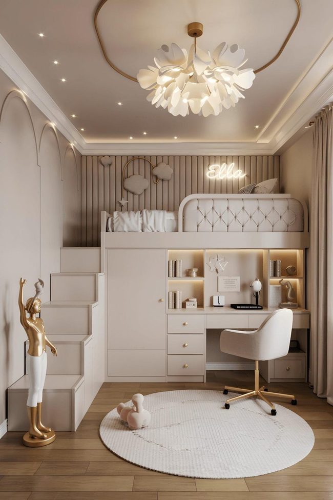 Lofted Bed Beneath Floral Chandelier Gold Accents