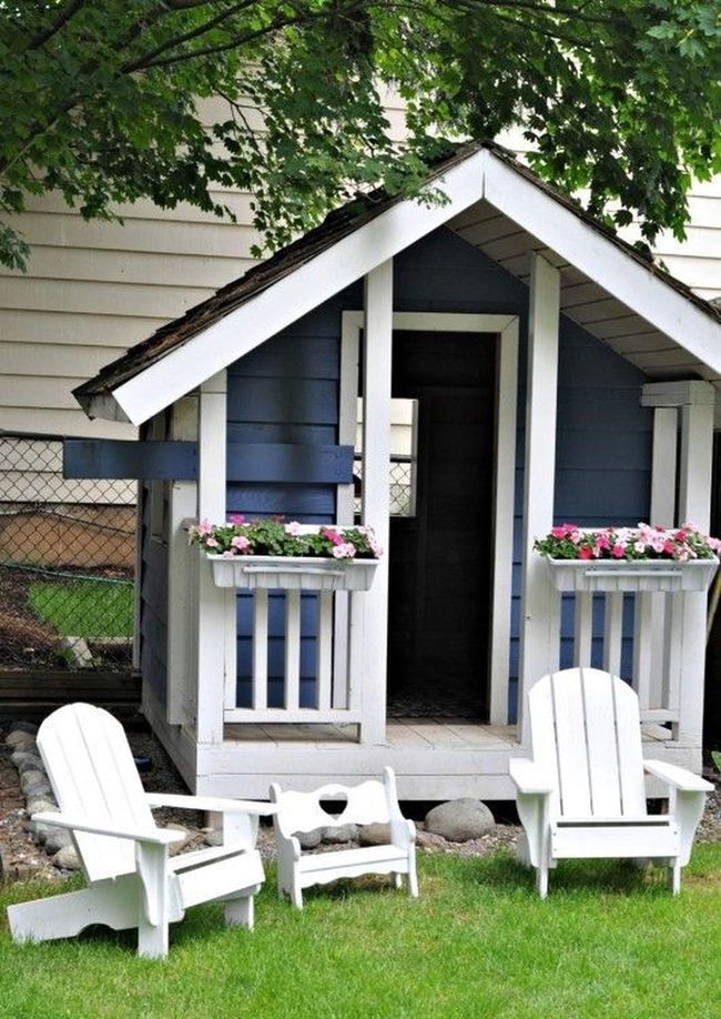 Blue Playhouse With Flower Boxes
