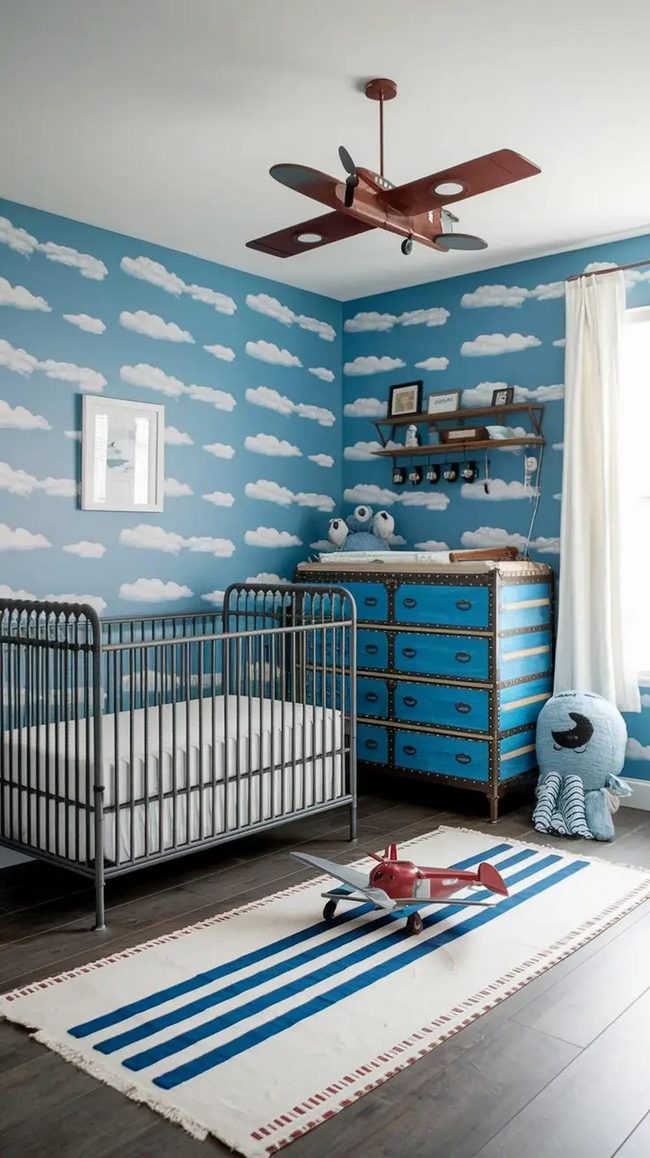 Sky Blue Nursery With Airplane Details