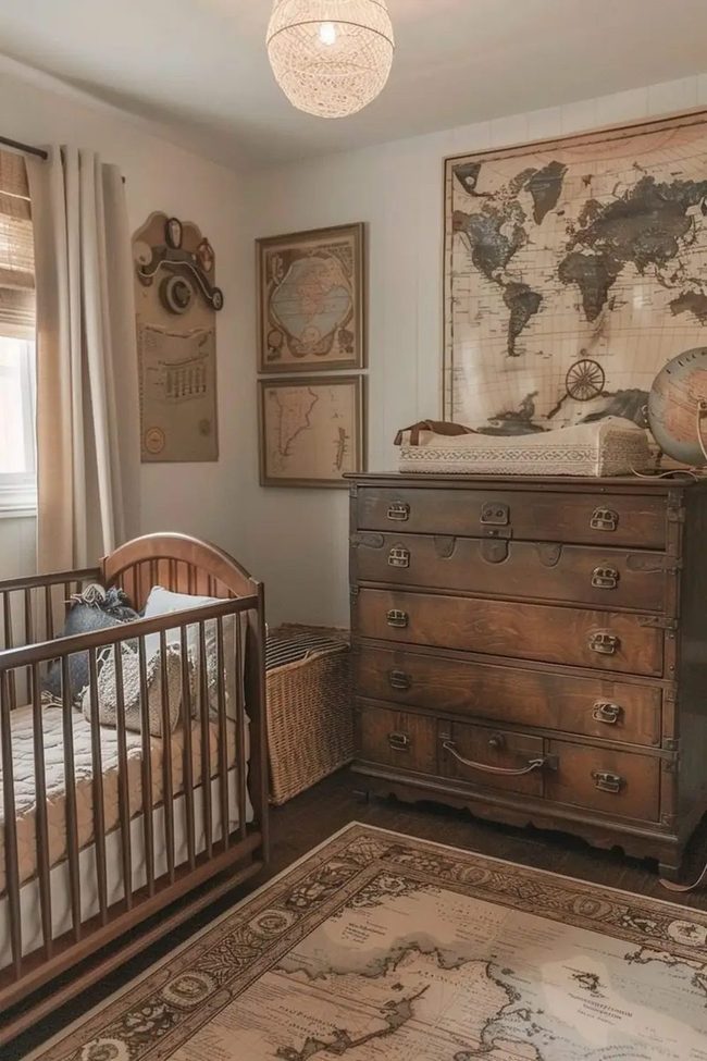 Dark Wood Nursery With Vintage Maps