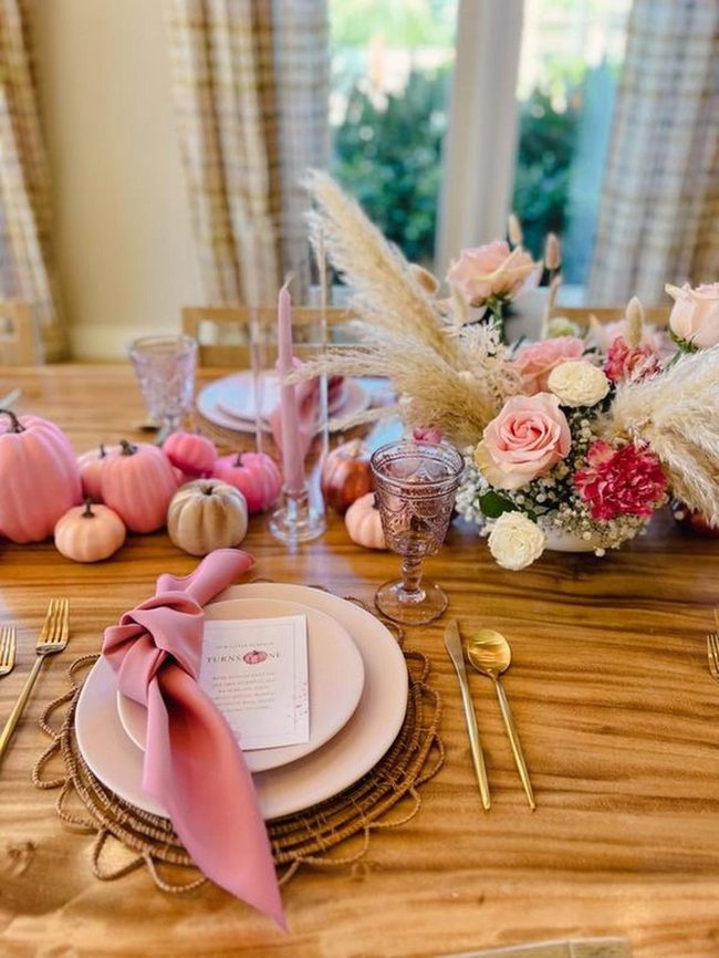 Wooden Table Pink Pumpkin Arrangement
