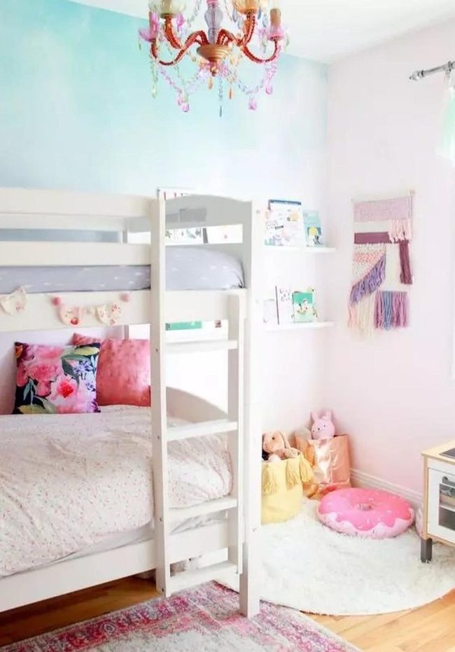 White Wood Bunk Beds Pink Chandelier