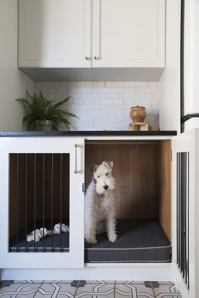 White Cabinetry With Built-In Dog Crate