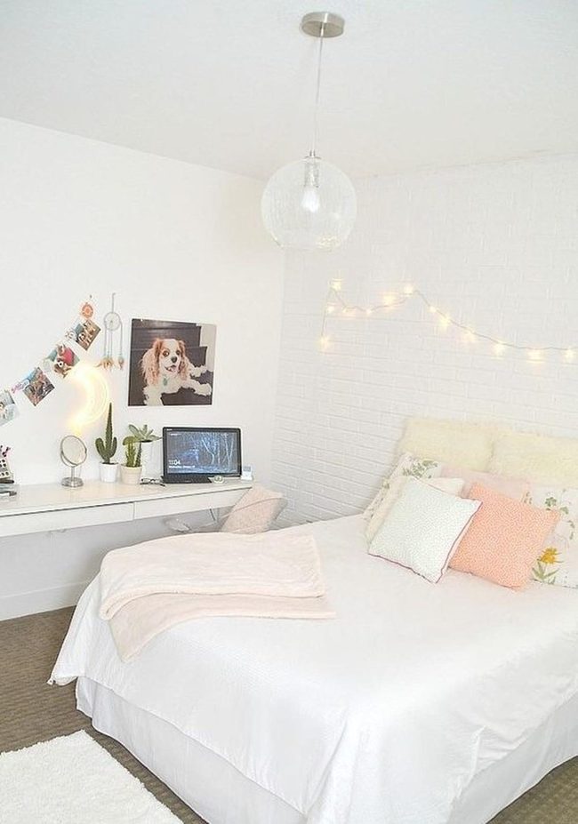 White Brick Bedroom With Green Plants