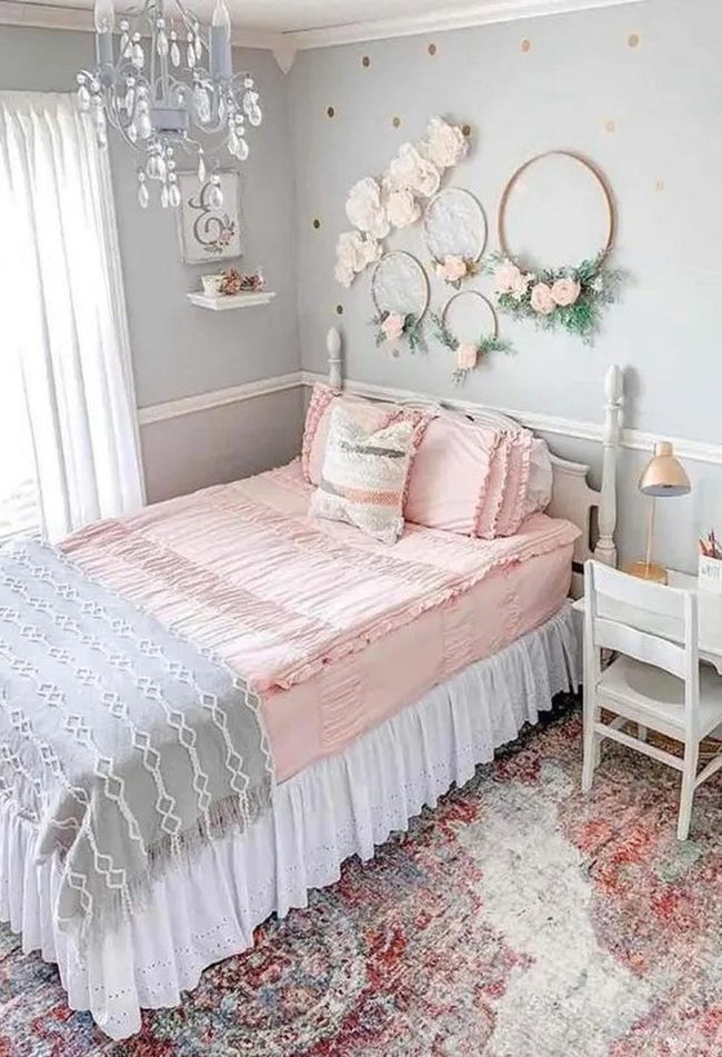 Pink Bedroom With Floral Hoops
