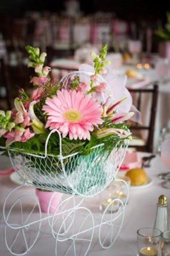 Pink Flowers In White Wire Baskets