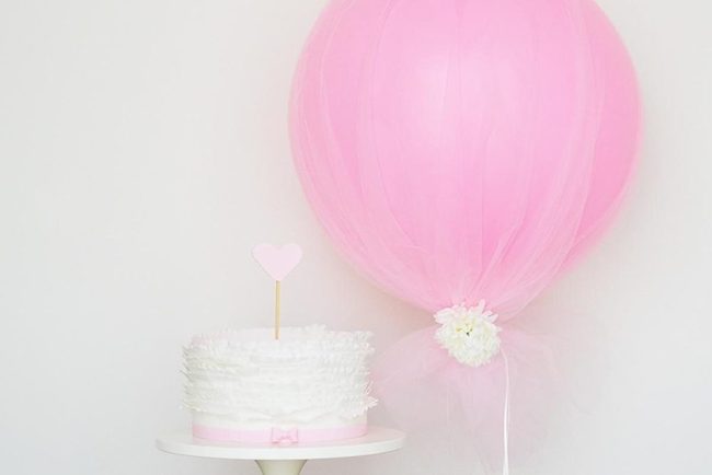White Ruffled Cake, Pink Balloon