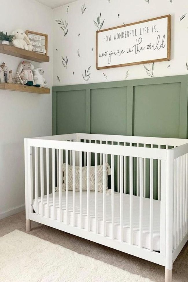 Deep Green Nursery With White Crib