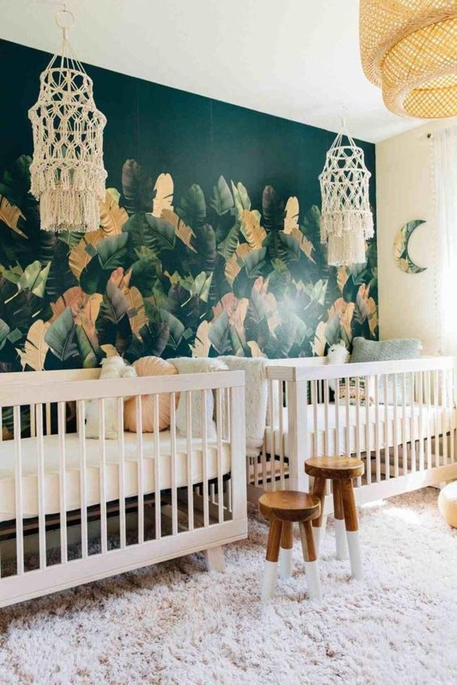 White Cribs With Dark Botanical Wall