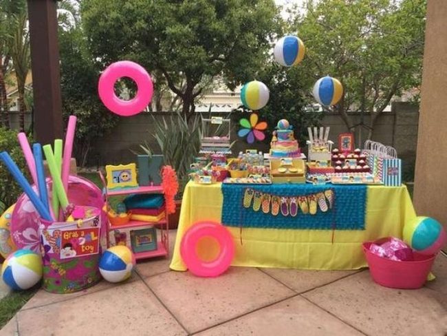 Yellow Tablecloths, Beach Balls, Palm Trees