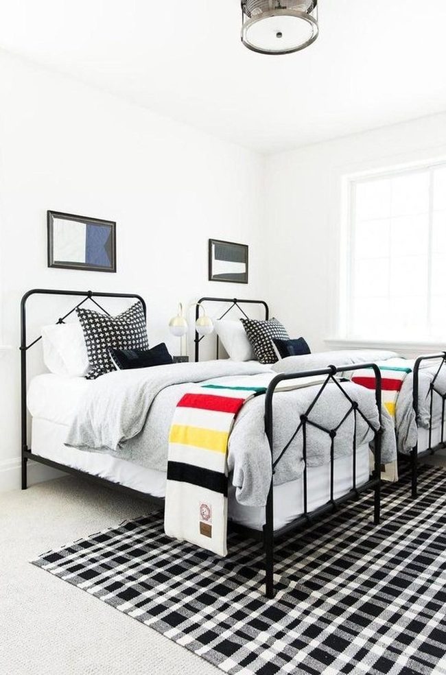 Twin Black Beds, Striped Throws