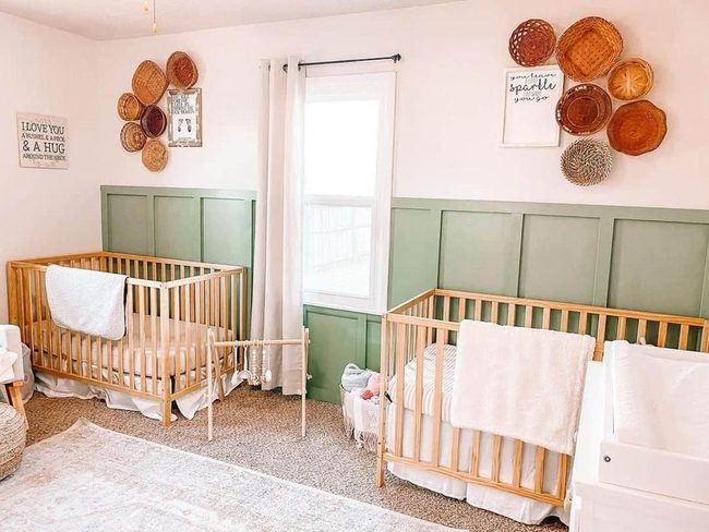 Green Walls, Natural Baskets, Twin Nursery