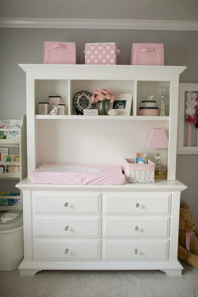Pink Bins, Gray Walls, White Drawers