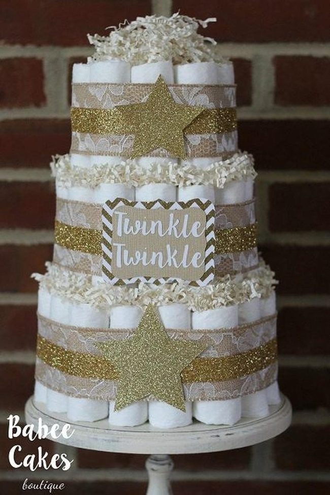 White Diaper Cake Gold Stars