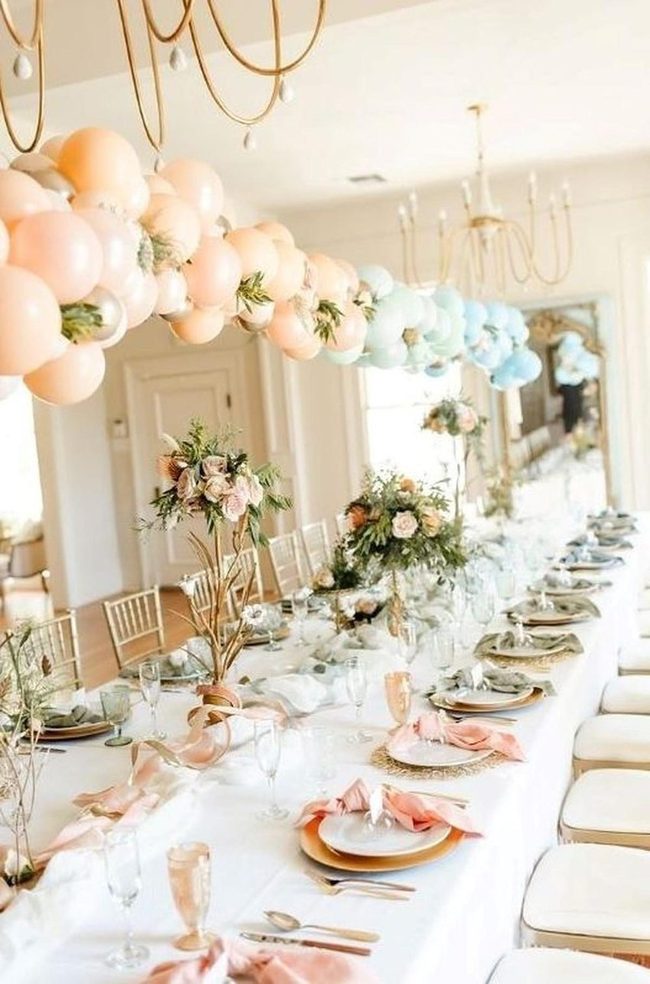 Floating Balloons, Golden Chandelier Elegance