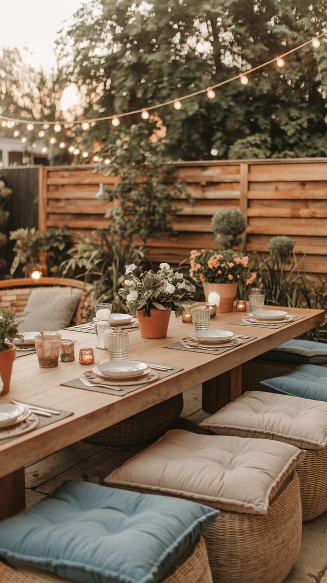 Wooden Table Under String Lights