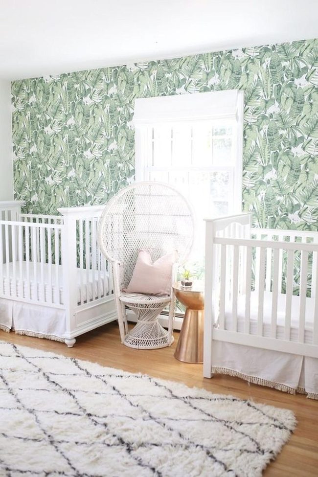 Twin White Cribs, Green Leafy Walls