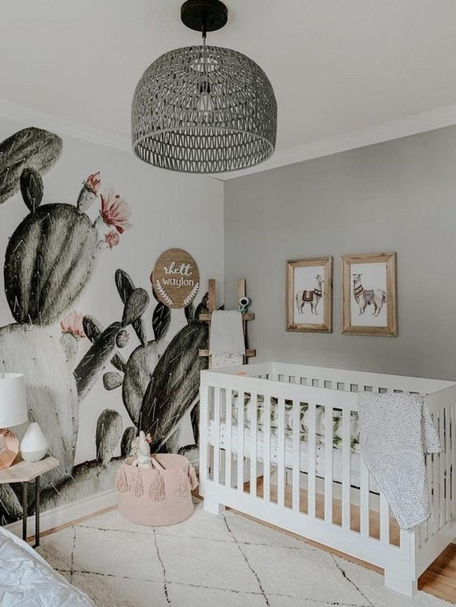 Gray Walls, Cactus Mural, White Crib